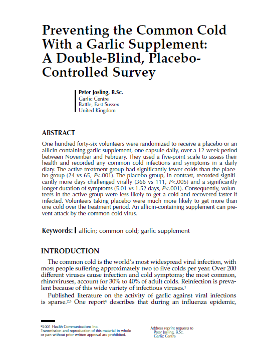 Preventing the Common Cold With a Garlic Supplement: A Double-Blind, Placebo-Controlled Survey